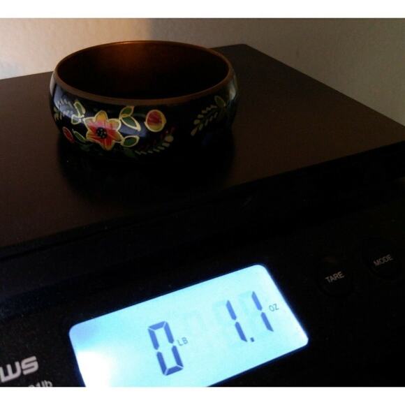 Vintage Wide Brass Hand Painted Flower Bracelet, Gold Accents, 1970s, 8 Inches - Picture 10 of 10